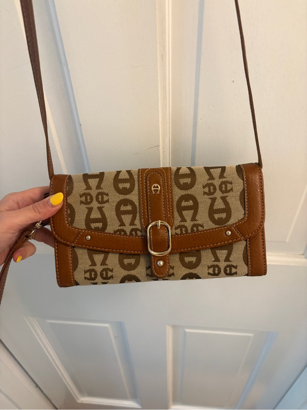 Etienne Aigner Tan and Beige Monogram Crossbody Wallet
